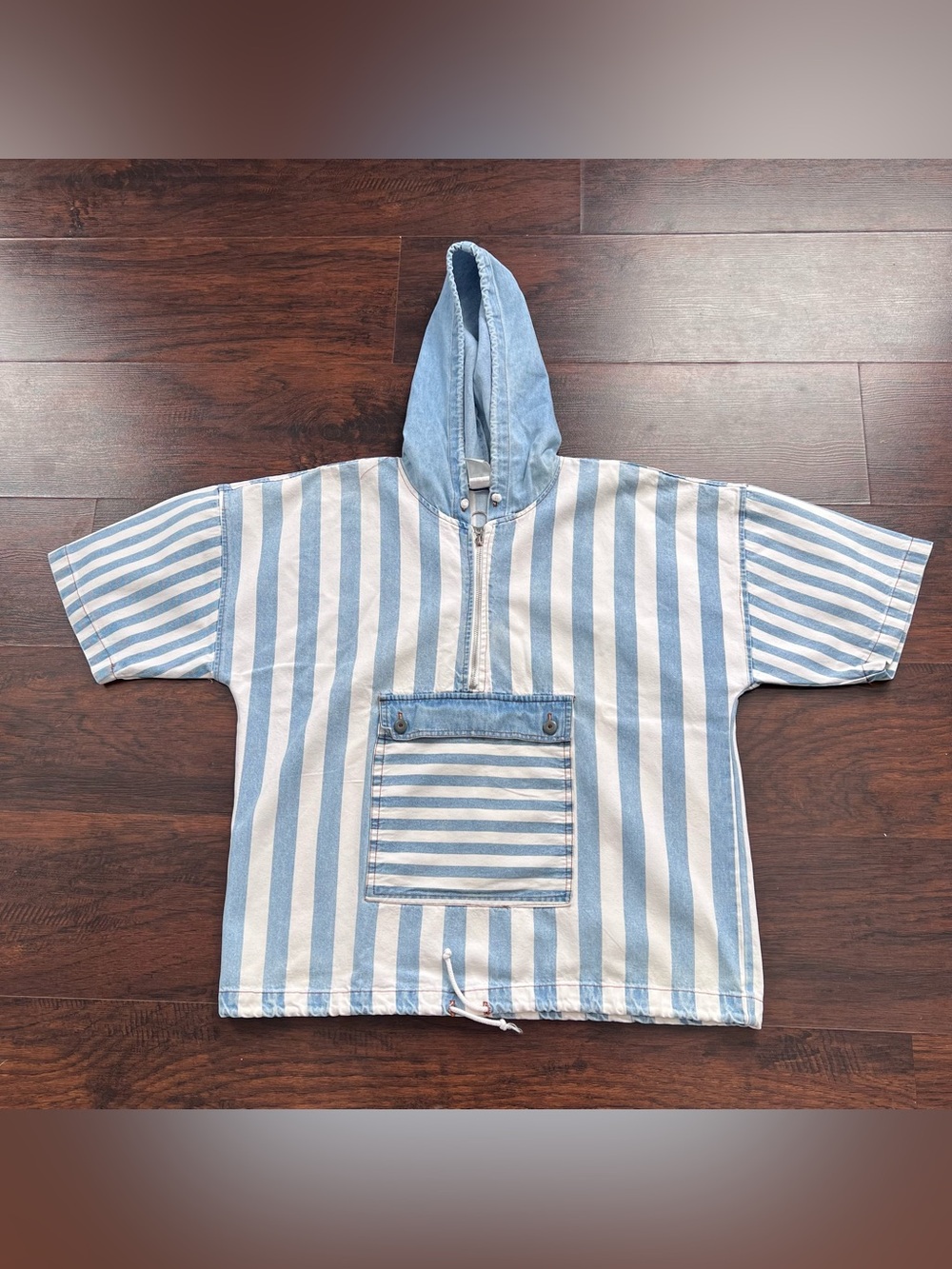 Vintage Pottery Striped Denim Hooded Pullover Anorak 90s Oversized Unisex S